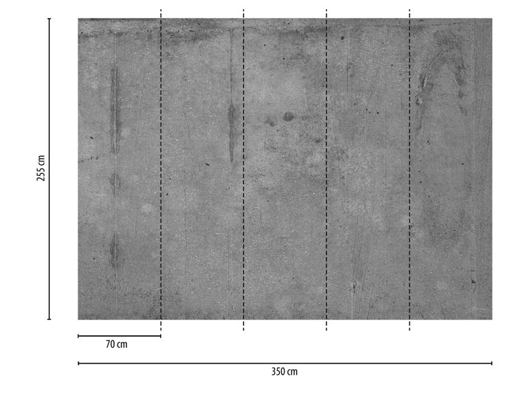 Vliestapete in Beton-Optik, Maße 350 mal 255 Zentimeter, unterteilt in fünf Bahnen zu je 70 Zentimeter Breite.