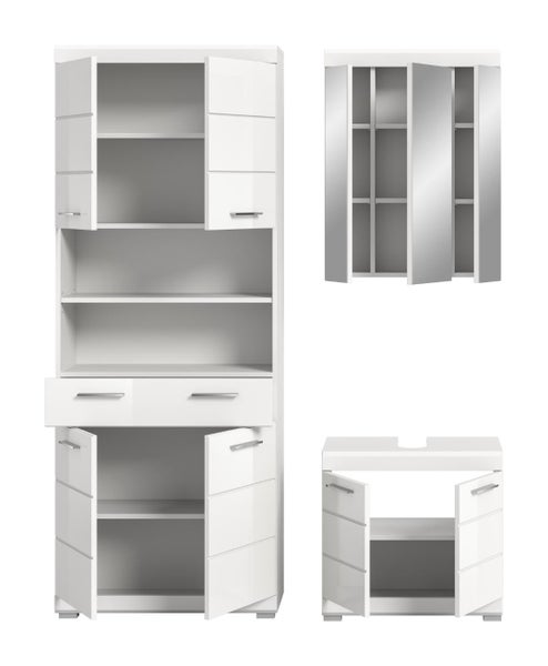 Dreiteiliges Badezimmermöbel-Set in Weiß bestehend aus Hochschrank, Spiegelschrank und Waschtischunterschrank mit geöffneten Türen.