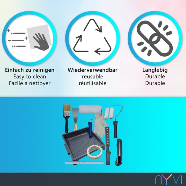 Maler-Set mit Farbwanne, Rollern, Pinsel, Spachtel und Zubehör. Eigenschaften: Einfach zu reinigen, wiederverwendbar und langlebig. NYVI Logo.
