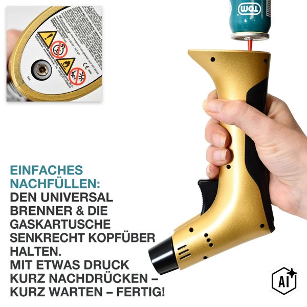 Hand beim Nachfüllen eines Universalbrenners mit einer Gaskartusche inklusive Warnhinweisen und Bedienungsanleitung.