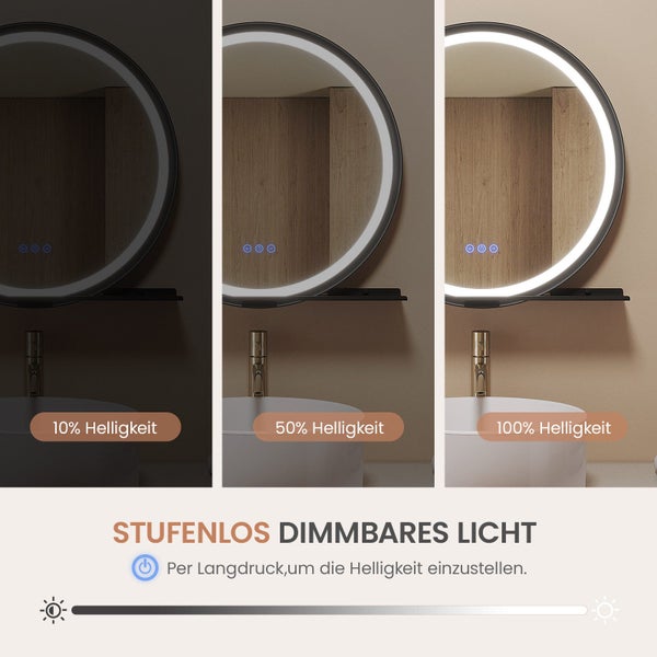 Runder Badezimmerspiegel mit LED Beleuchtung und stufenloser Dimmfunktion in drei Helligkeitsstufen dargestellt