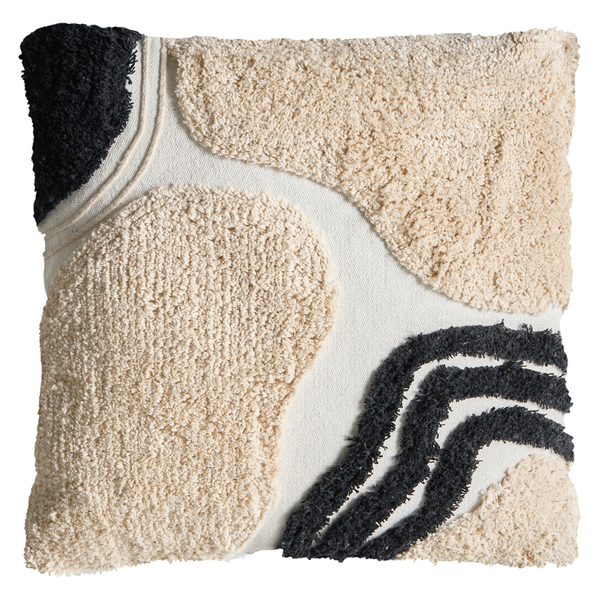 Dekorative Kissen auf einem Sofa mit abstraktem Design in Schwarz und Beige