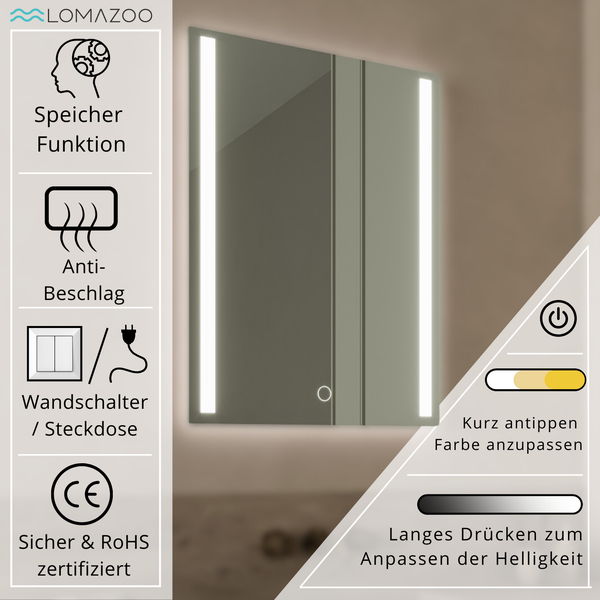 Lomazoo Badezimmerspiegel mit LED Beleuchtung, Antibeschlagfunktion, Speicherfunktion, Steuerung per Wandhalter oder Steckdose und Zertifizierung.