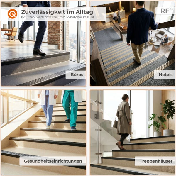 Anwendungsbeispiele für PVC-Treppenkantenprofile in Büros, Hotels, Gesundheitseinrichtungen und Treppenhäusern für Sicherheit im Alltag.