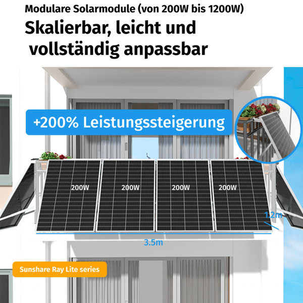 Modulare Solarmodule Sunshare Ray Lite am Balkon, vier Einheiten zu je 200 Watt, skalierbar, Maße 3,5 Meter mal 1,2 Meter, Leistungssteigerung.