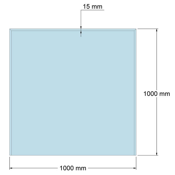 Maßzeichnung eines quadratischen Produkts mit Abmessungen von 1000 mal 1000 Millimeter und einer Randbreite von 15 Millimeter.