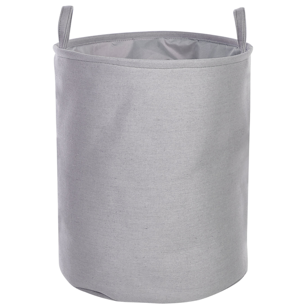 Grauer Wäschesammler aus Textil mit zwei Tragegriffen.