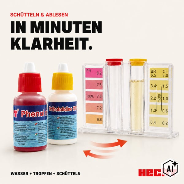 Hecht Poolwasser Testset mit Phenol Red und Orthotolidine OTO Reagenzien zur Messung von pH und Chlor Werten sowie Testbehälter mit Skala.