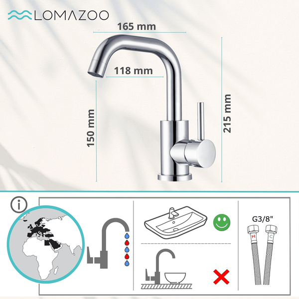 Lomazoo Waschbeckenarmatur mit Maßangaben und Installationshinweisen