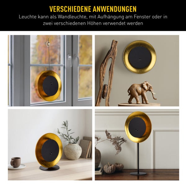Verschiedene Anwendungen der Leuchte als Wandleuchte, mit Aufhängung am Fenster oder in zwei verschiedenen Höhen
