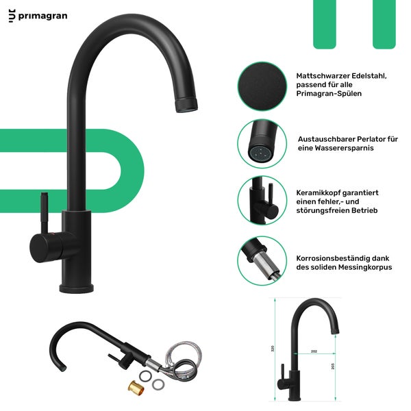 Mattschwarze Edelstahl Küchenarmatur von Primagran, geeignet für alle Primagran Spülen, mit austauschbarem Perlator, Keramikkopf und korrosionsbeständigem Messingkorpus