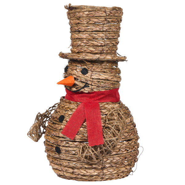 Schneemannfigur aus Pflanzenfasern mit rotem Schal und Hut
