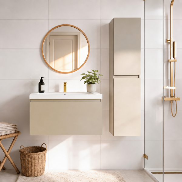 Modernes Badezimmer mit hängendem Waschtisch, hohem Schrank, rundem Spiegel und goldener Duscharmatur vor hell gefliesten Wänden.