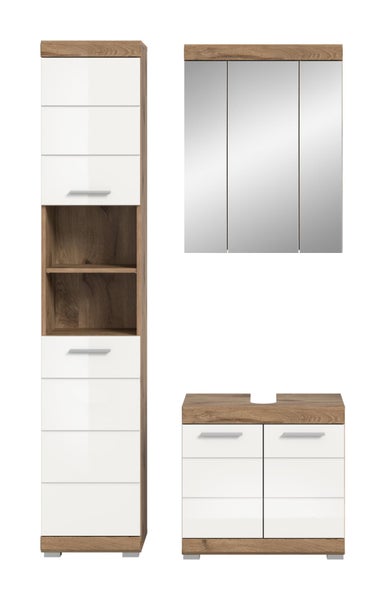 Badezimmermöbel-Set bestehend aus einem Hochschrank mit offenem Fach, einem dreitürigen Spiegelschrank und einem Waschbeckenunterschrank.