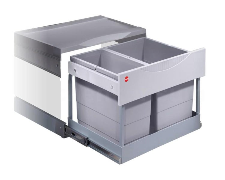 Hailo Abfalltrennsystem mit zwei grauen Mülleimern und Auszugsschienen für Küchenunterschränke.