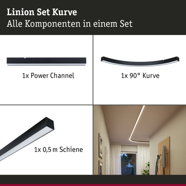 Linion Set Kurve bestehend aus einem Power Channel, einem neunzig Grad Kurvenelement und einer null Komma fünf Meter Schiene zur Deckenbeleuchtung.
