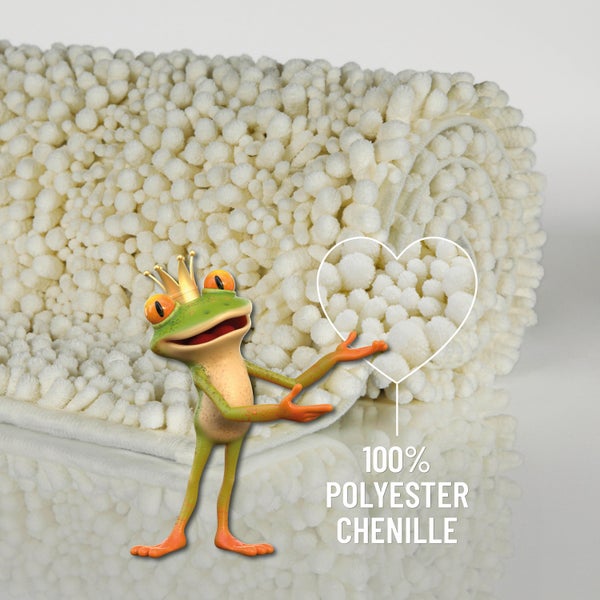 Nahaufnahme einer Badematte aus 100 Prozent Polyester-Chenille mit einer Frosch-Figur.