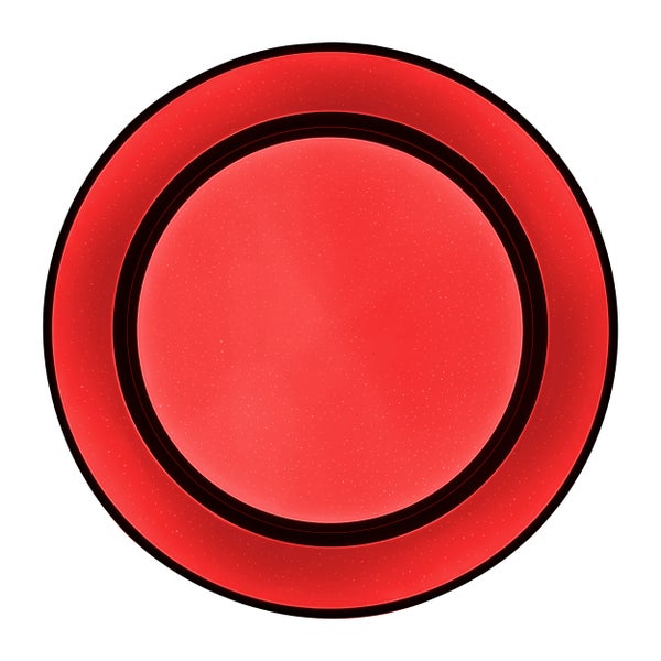 Wohnzimmer mit grauer Couch, Glastisch und runder Deckenleuchte