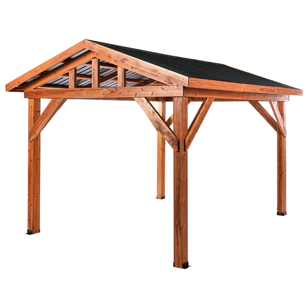 Holz-Pavillon mit Satteldach und stabiler Pfostenkonstruktion aus braun lasiertem Holz.