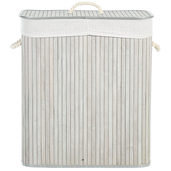 Wäschekorb aus Bambus mit Deckel, drei Seilgriffen und herausnehmbarem weißem Stoffbeutel, rechteckige Form.