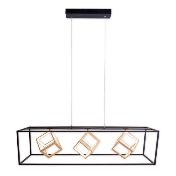 Hängeleuchte mit drei kubischen, goldfarbenen Leuchtelementen in schwarzem Rahmen