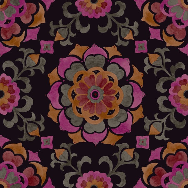 Origin Wallcoverings Tapete Suzani Blumen Schwarz, Orange und Rosa - 53 cm x 10.05 m - 347474