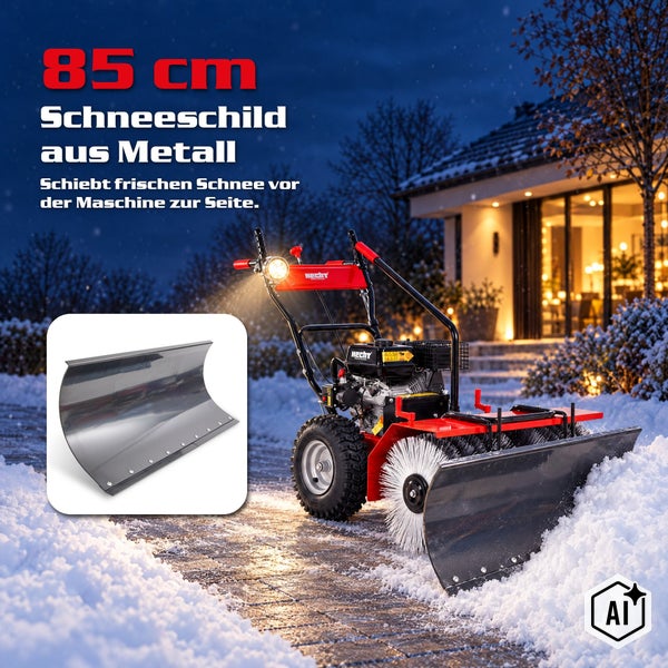 Hecht Schneeschild aus Metall mit 85 Zentimeter Breite für Kehrmaschinen zum effizienten Räumen von frischem Schnee vor einem Wohnhaus.