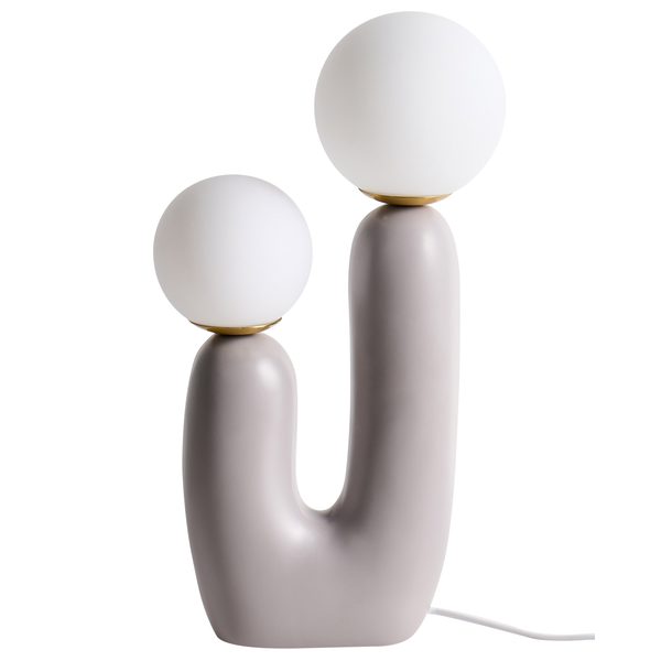 Dekorative Tischleuchte mit zwei Glaskugeln und einem grauen Keramikfuß
