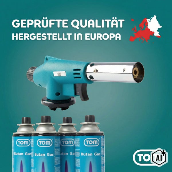 TOM Gasbrenner mit vier Gaskartuschen Butangas Geprüfte Qualität hergestellt in Europa