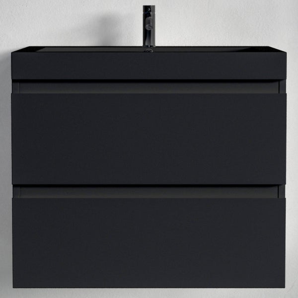 Moderner Waschtischunterschrank mit zwei Schubladen und integriertem Waschbecken inklusive schwarzer Armatur.