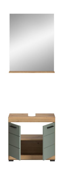 Waschbeckenunterschrank mit zwei grünen Türen, Holzoptik und passendem Wandspiegel mit Holzablage.