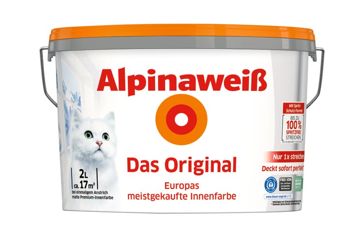 Alpinaweiss Innenfarbe im 2 Liter Eimer fuer ca. 17 Quadratmeter mit spritzfreier Formel und Umweltsiegel Blauer Engel.