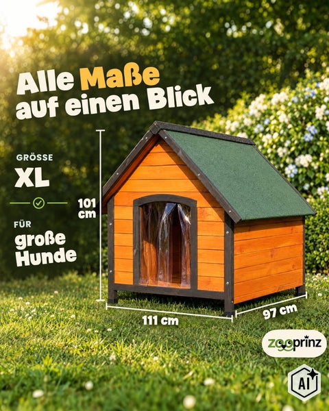 Hundehütte aus Holz in Größe XL für große Hunde mit Maßen von 111 mal 97 mal 101 Zentimetern und Lamellenvorhang vor dem Eingang