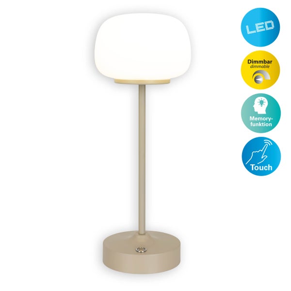 LED Akku-/ Tischleuchte PINA 30 cm hoch, aus Metall (beige) und Glas (weiß), integrierte LEDs, warmweiß