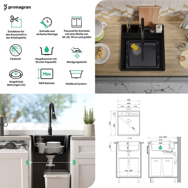 Primagran Spüle mit Zubehör und Maßangaben