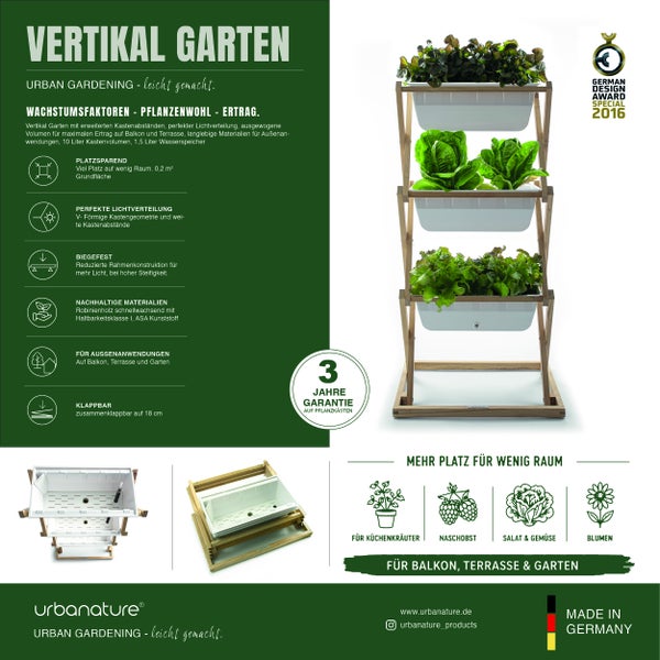 Vertikaler Garten aus Robinienholz und Kunststoff mit vier Pflanzkästen für Kräuter. Platzsparend, klappbar, wetterfest und Made in Germany.