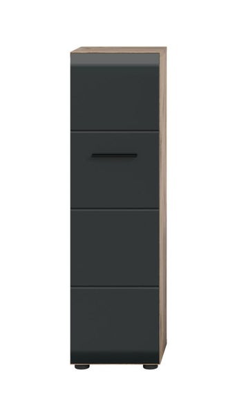 Schmaler Badezimmer-Hochschrank mit Front in Anthrazit und Korpus in Eichen-Optik, inklusive einer horizontalen Griffleiste.