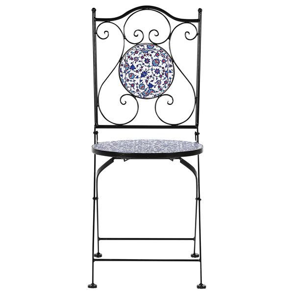 Gartensessel aus Metall mit Mosaikmuster auf Sitzfläche und Rückenlehne