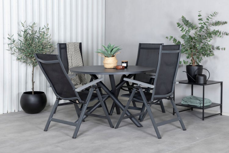 Alma Gartenset Tisch Ø120cm und 4 Stühle L5pos Albany schwarz. 120 X 120 X 75 cm