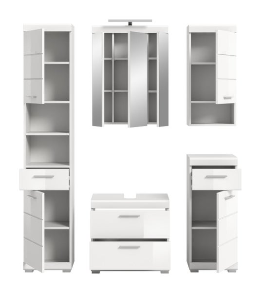 Badezimmermöbel-Set in Weiß bestehend aus Hochschrank, Spiegelschrank mit Beleuchtung, Hängeschrank, Waschbeckenunterschrank und Beistellschrank.