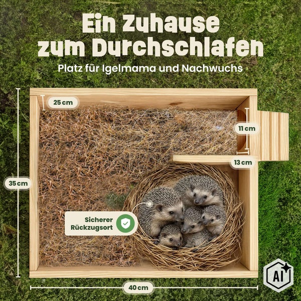 Igelhaus aus Holz mit einer Gruppe von Igeln im Nest, inklusive Maßangaben für die Größe und den Eingangsbereich.