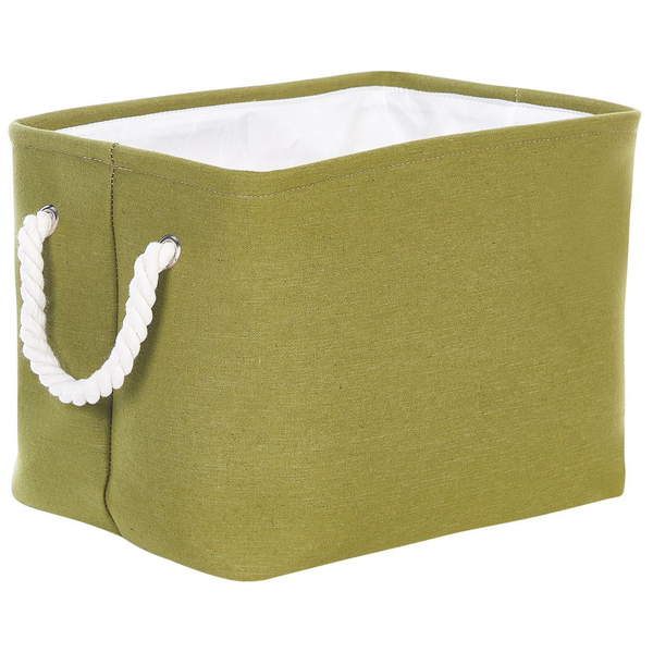 Dreiteiliges Set olivgrüne Aufbewahrungskörbe aus Stoff in verschiedenen Größen mit weißen Seilgriffen.