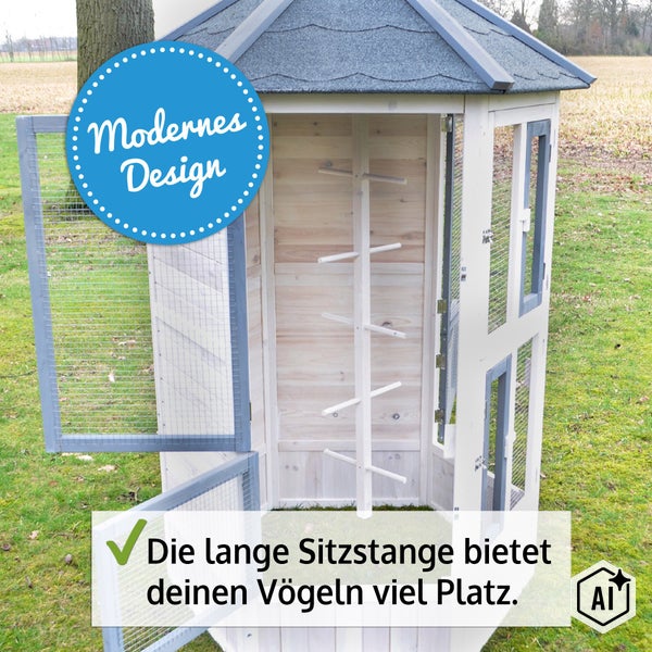 Holzvoliere fuer Voegel mit Dach und integrierter Sitzstange fuer den Garten.