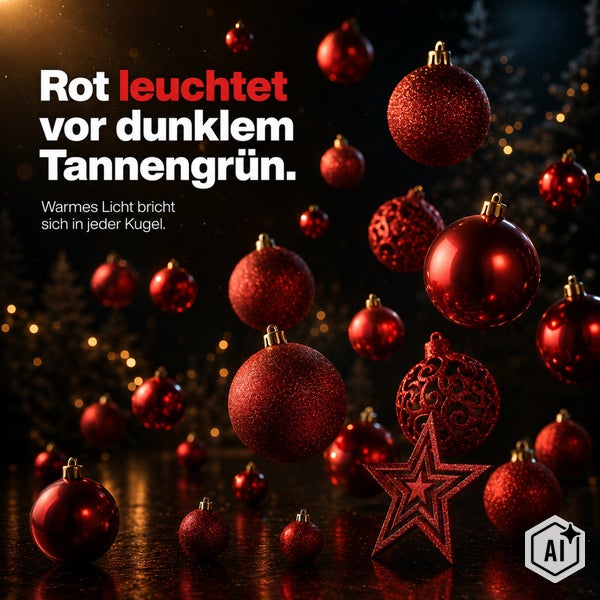 Weihnachtskugeln und ein Stern als Christbaumschmuck vor einem dunklen Tannenbaum mit warmer Beleuchtung.