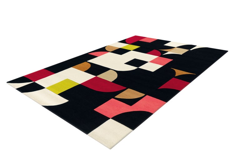 Moderner rechteckiger Teppich mit abstraktem geometrischem Muster aus Quadraten und Kreissegmenten auf schwarzem Grund.