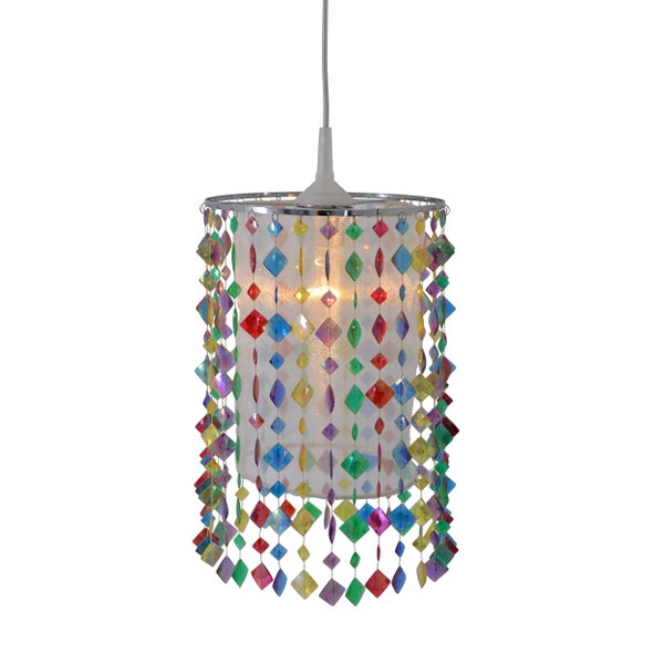 Zylinderförmige Lampe mit bunten, rautenförmigen Anhängern