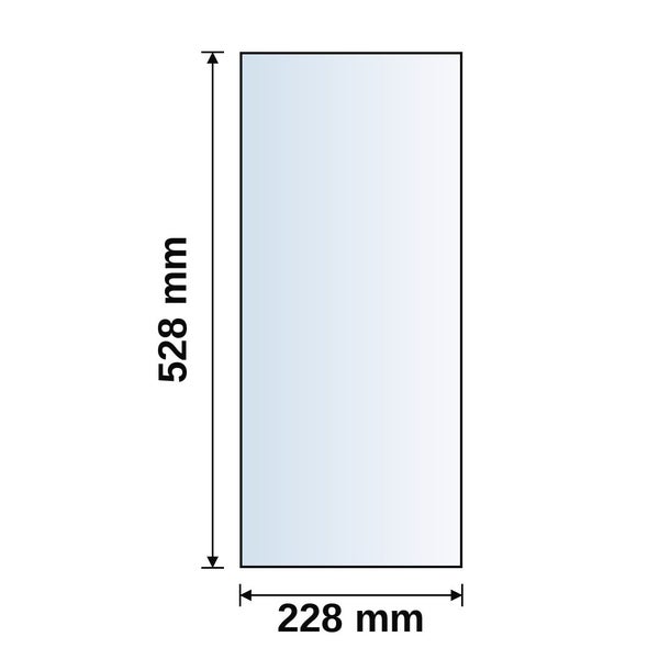 Rechteckige Glasscheibe mit einer Höhe von 528 Millimeter und einer Breite von 228 Millimeter.