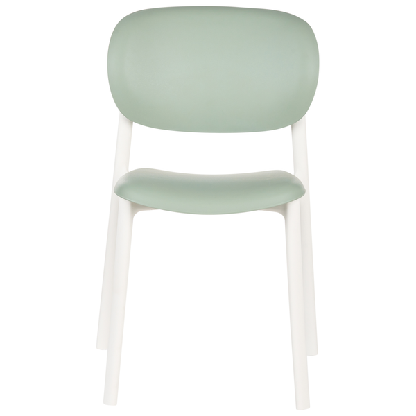 Stuhl mit Sitzfläche und Rückenlehne aus Kunststoff, mit weißen Beinen