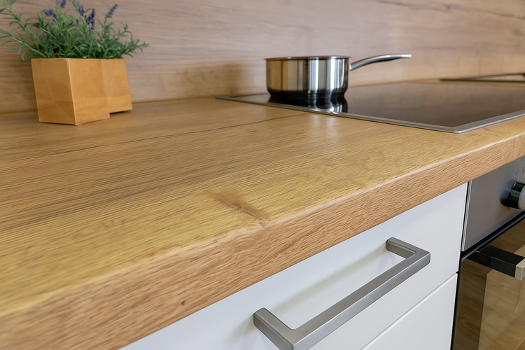 Küchenszene mit Arbeitsplatte in Holzoptik, Kochfeld und Topf