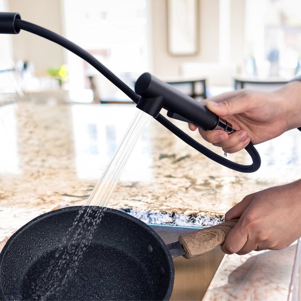 Eine Person nutzt eine ausziehbare Küchenarmatur mit Brausefunktion, um eine Pfanne über einer Spüle abzuspülen.